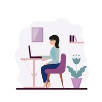 A woman works at home at a computer. The concept of freelancing, office work, isolation during the coronavirus quarantine.  Vector illustration of a flat style.