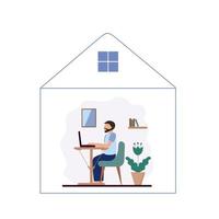 A man with a beard is sitting at home in home clothes and working on a laptop. Stylized vector illustration. The concept of freelancing, online training. Quarantine and self-isolation.