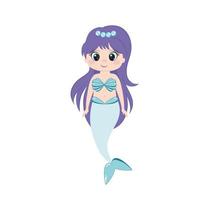 Beautiful mermaid with big eyes and purple long hair. Mermaid isolated on a white background. Vector children's cartoon illustration. Drawing for a girl. Dolls, toys, fairies and magic.