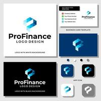 Letter P F monogram finance technology logo design with business card template. vector