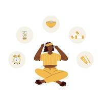 Cute afro american girl with sleeping mask and elements for morning routine  lemon water, weights, muesli, alarm clock. Girl thinking about how to start her day. Woman in cute pajama vector