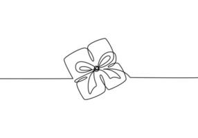 One line drawing gift box with ribbon bow. Christmas and Birthday present. Vector illustration isolated on white background.