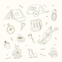 Hand drawn illustration camping equipment, isolated background, vector