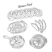 Korean food illustration, kimchi soup, rice ball, fried chicken, isolated background, vector