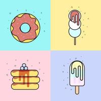 ilustración de cuatro postres. vistoso. rosquillas, mochi, panqueques, paletas heladas. vector