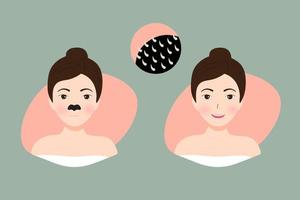 illustration Woman Using Nose Patch Strip. Woman With Black Mask On Nose. Steps how to facial care. vector illustration.