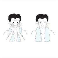 outline illustration Man washes his face with cleansing. vector