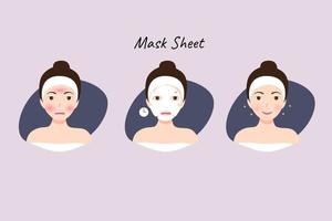 Illustration Skincare Procedures. Woman Takes Care of her Face and Use Facial Sheet Mask. vector