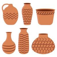 Set of pottery jars with abstract lines vector