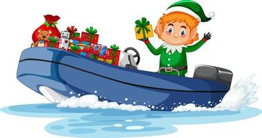 Christmas elf on the boat with his gifts vector