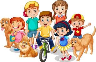 niños con sus perros sobre fondo blanco vector