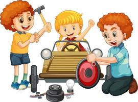 niños reparando un coche juntos vector