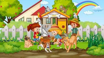 Children playing with their animals at the park vector