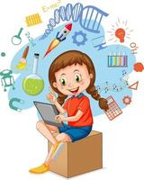 Young girl using tablet with education icons vector