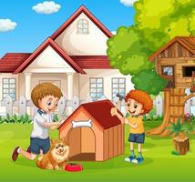 Dad and son building a doghouse together vector