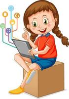 Young girl using tablet with education icons vector