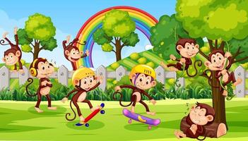 Outdoor park with little monkeys doing different activities vector