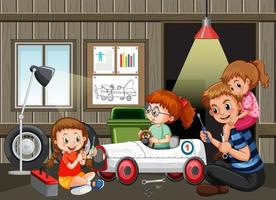 Garage scene with children fixing a car together vector