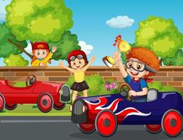 Park scene with children racing car vector