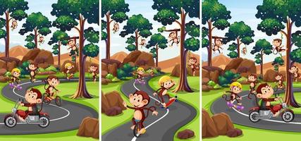 Park scene with cute monkeys doing different activities vector