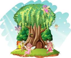 Fantasy tree house inside tree trunk with fairies vector