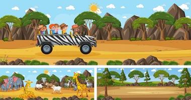 Set of different outdoor landscape scenes with cartoon character vector