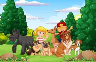 Park scene with children playing with dogs vector