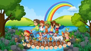 Forest scene with happy family riding a bicycle together vector