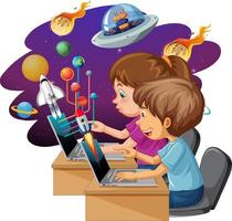 Kids using laptops with space icons vector