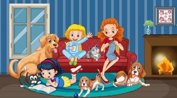 Room scene with happy family and dogs vector