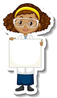 Scientist girl holding empty board in sticker style