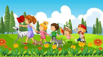 Children walking with their animals at the park vector