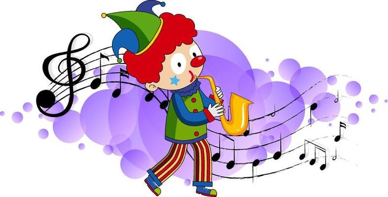 Cartoon character of a clown plays saxophone with musical melody symbols