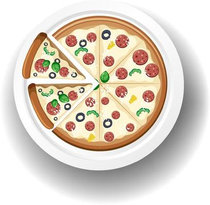 Top view of cheese salami pizza on white background