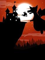 Silhouette castle and dragon with full moon background vector