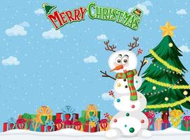 Merry Christmas poster with cute snowman and tree vector