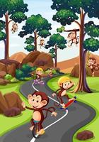 Park scene with monkeys doing different activities vector