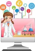 Computer with scientist girl cartoon vector