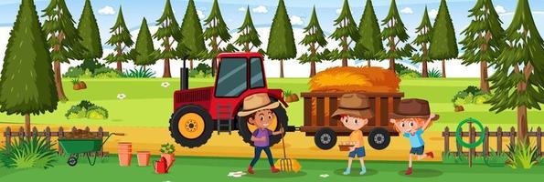 Farm horizontal landscape scene with many children vector