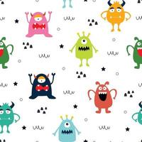 Seamless pattern Cute and colorful monster cartoon background Hand drawn design in child style Use for fabric, textile, wallpaper Vector illustration isolated on white background