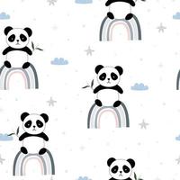 Seamless pattern The panda held a bamboo leaf sitting on the rainbow and had clouds floating next to it. Animal background cartoon character cute hand-drawn style in children. Vector illustration