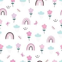 Vector Seamless pattern rainbow and flower background Hand drawn design in cartoon style used for printing of textile wallpaper.