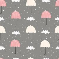 paraguas de colores de patrones sin fisuras con nubes y nieve sobre un fondo gris diseño dibujado a mano en estilo de dibujos animados utilizado para impresión, papel tapiz, tela, textiles ilustración vectorial vector