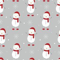 Navidad de patrones sin fisuras con muñecos de nieve y copos de nieve sobre un fondo gris Diseño dibujado a mano en estilo de dibujos animados, uso para impresión, papel tapiz de celebración, tela, textil. ilustración vectorial vector