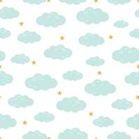 Blue clouds and stars seamless pattern Flat style hand drawn design Used for printing, gift wrapping paper, fabric pattern, textiles Vector illustration