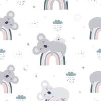 Fondo de animales de dibujos animados lindo de patrones sin fisuras con koala acostado en el arco iris diseño dibujado a mano utilizado para tela, textiles, ilustración vectorial. vector