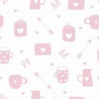 Seamless pattern Valentines Day background with a pink envelope and heart-shaped glass Hand drawn design in cartoon style, use for print, wallpaper, decoration, fabric, textile. Vector illustration