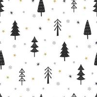Seamless pattern Christmas background with Christmas tree and stars Hand drawn design in cartoon style, use for print, celebration wallpaper, fabric, textile. Vector illustration