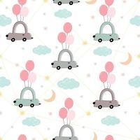 Seamless vector pattern A car with balloons floating in the sky on a white background Hand drawn design in cartoon style Suitable for textile design, wallpaper