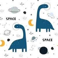 Dinosaur and stars seamless pattern Cute animal cartoon background hand-drawn in children's style The design used for Print, wallpaper, decoration, fabric, textile Vector illustration
